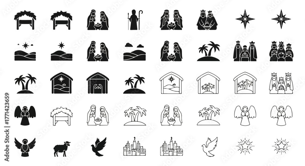 Fototapeta premium Nativity Scene Vector Icon Set – Holy Christmas Manger and Religious Silhouette Collection