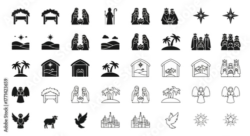 Nativity Scene Vector Icon Set – Holy Christmas Manger and Religious Silhouette Collection