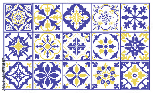 Blue and yellow Portuguese Azulejo ceramic tile pattern Mediterranean ornament of Italian glazed pottery. Vector hand drawn painted illustration for fashion interior design.