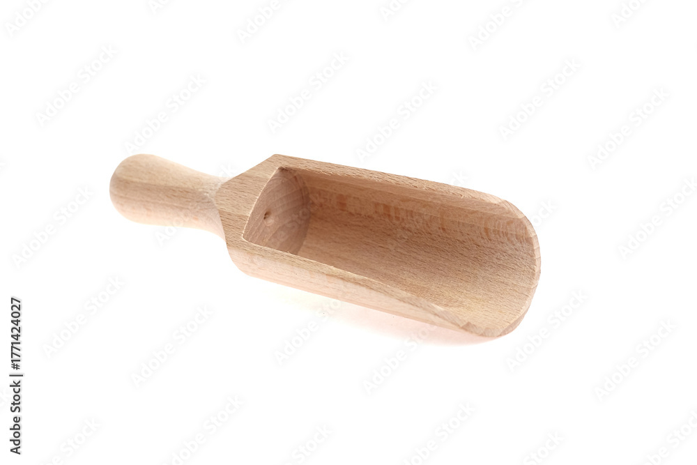 Obraz premium Wooden scoop crafted from light-colored wood, featuring a smooth handle and a deep bowl, ideal for serving dry ingredients in kitchens and bakeries, showcasing craftsmanship and utility