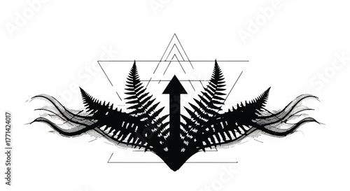 Abstract black fern design with geometric shapes and flowing lines