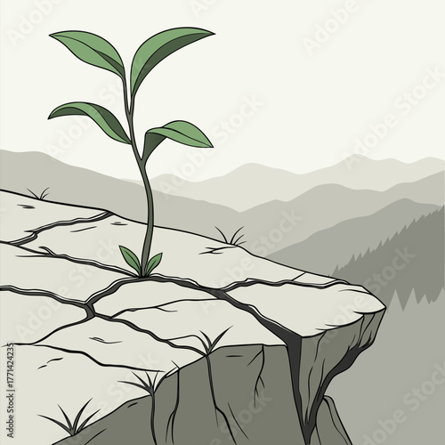 A vibrant green seedling emerges from a deep crack in dry distressed light grey textured ground