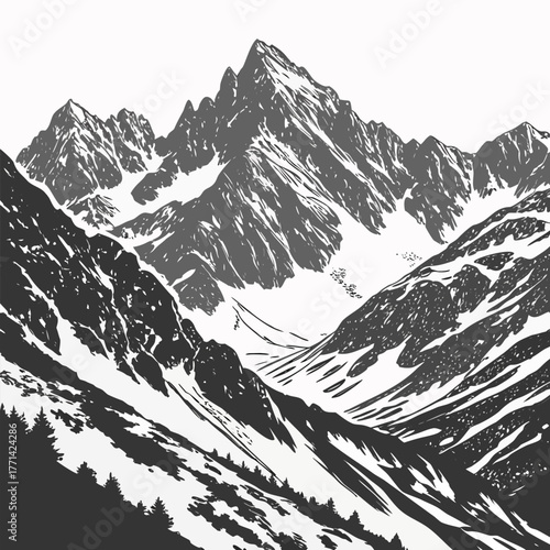 Monochromatic graphic rendering of rugged mountain peaks partially covered with snow and dense forests