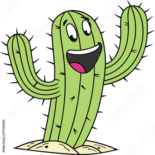 A stylized green saguaro cactus featuring a red bell shaped hat on one of its curved arms standing on sandy ground