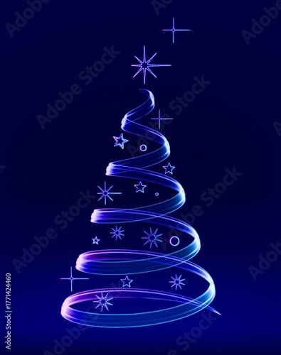 Stylized Christmas tree with stars. Imitation of glowing glass on blue background. 3D render. 