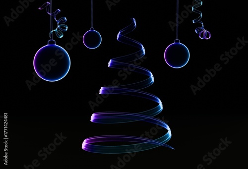 Christmas card with festive elements. Imitation of glowing glass on dark background. Xmas tree and baubles. 3D render. 