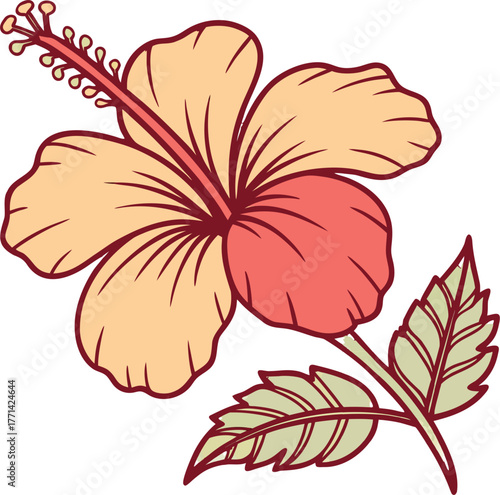Vibrant yellow hibiscus flower illustration with reddish orange center green leaves and an unopened bud on a stem
