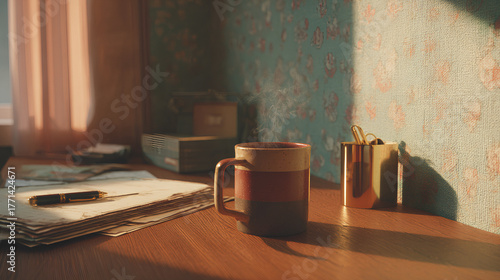 A wooden desk in front of a wall with textured wallpaper in soft pastel tones and a steaming ceramic coffee mug in earthy colors.