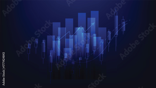 business and finance investment growth. bar chart and stock market candlesticks with arrow indicator on blue background 