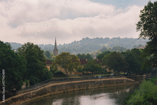 Avon Canal as it passes through the city of Bath, The sky looks cloudy and gloomy in southwest England.