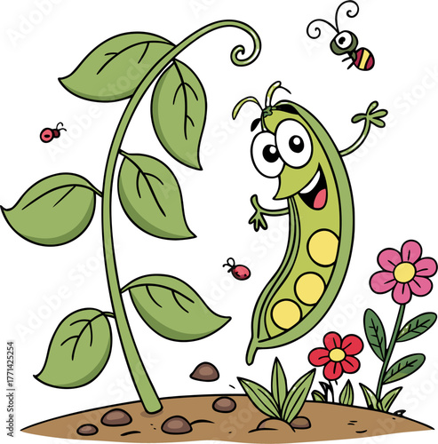 Cheerful yellow cartoon bean character running through a garden of green plants and colorful flowers a small butterfly