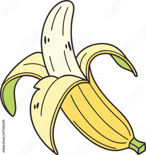 Vibrant cartoon illustration of a ripe yellow banana partially peeled with visible flesh and dark outlines