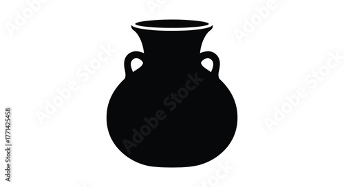 Classic ancient greek amphora vase with handles depicted as a stark black silhouette against a white background