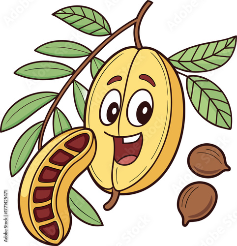 Illustration of a cacao branch with green leaves and two pods one whole and one cut open revealing dark cacao beans