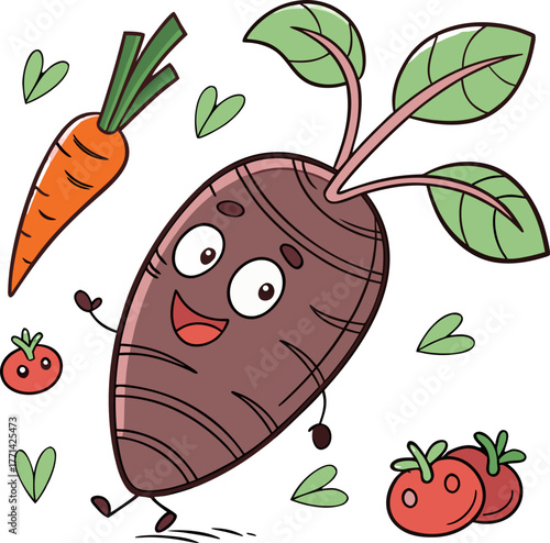 Smiling cartoon root vegetable with green leaves alongside a carrot red tomatoes and floating hearts