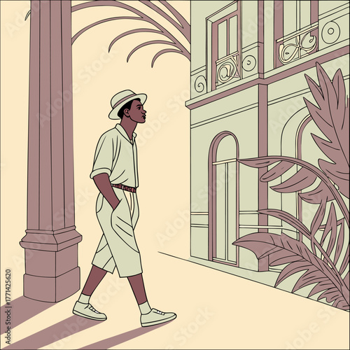 profile illustration of a young Black man looking right with stylized urban buildings and leafy frame