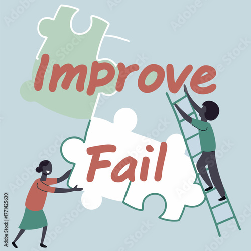 Stylized figures engage with a multi piece puzzle One ascends a ladder another places a piece Words 'IMPROVE' and 'FAIL'