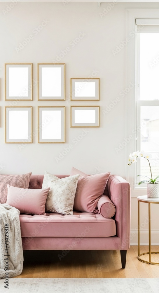 Fototapeta premium Elegant Living Room Interior with Pink Sofa and Gallery Wall.