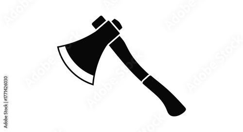 A rustic hand drawn illustration of a sharp axe with a wooden handle presented in a bold black silhouette