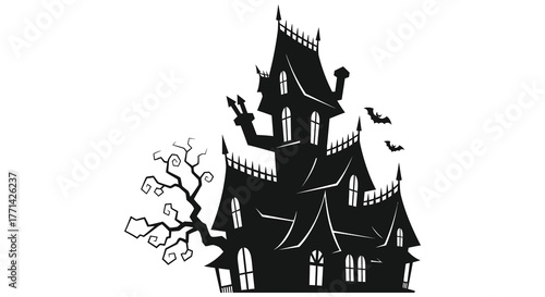 Spooky haunted mansion with bare tree and bats in a dramatic black silhouette against a white background
