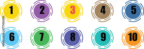Colorful Numbered Bullet Points  Vector List Marker Set 1 to 10