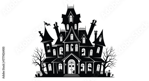Spooky haunted mansion with gnarled trees and tombstones in a dramatic black silhouette for halloween