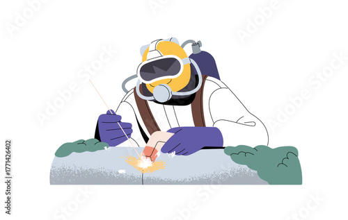 Welder repairs steel pipe underwater. Diver in safety mask is welding pipeline in water. Building worker is diving and working with construction. Flat isolated vector illustration on white background