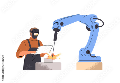 Welder works with manufacturing machine at metallurgical factory. Engineer in safety mask is programming robotic arm for welding at metalworking manufactory. Flat isolated vector illustration on white