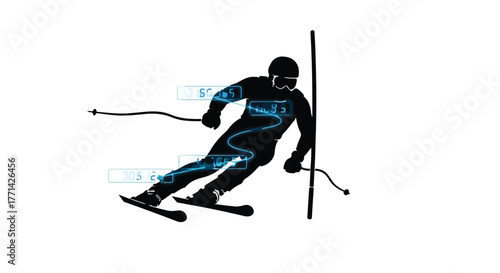 Dynamic skier in silhouette navigates a snowy slope with glowing digital data overlays