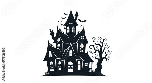 Spooky haunted mansion with gnarled dead tree and flying bats in a dark silhouette style for halloween