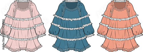 Elegant women's tiered ruffled mini dresses in pink, blue, peach. Fashion flat vector illustration with long sleeves, versatile for stylish casual apparel design concepts