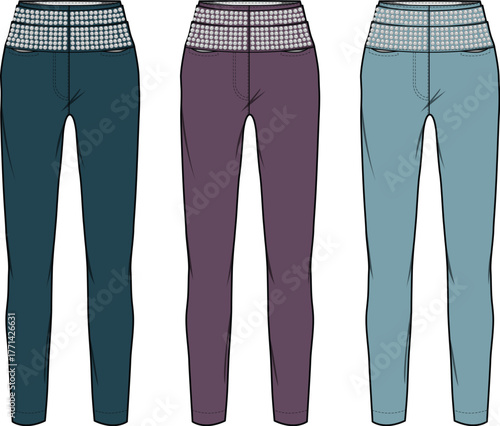 Fashion flats of women's modern slim-fit pants in multiple color options, each featuring a distinctive checkered waistband, ideal for apparel design and style inspiration