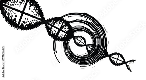 Abstract digital DNA helix intertwined with swirling lines represents future of science and technology