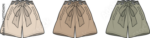 Three different styles of pleated culottes with button closures on a light background
