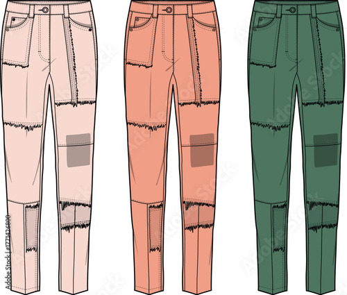 Vector illustration of patched trousers in pink, coral, and green, showcasing unique mending and stitching for a stylish casual apparel design with distressed details