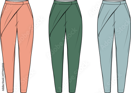 Three Stylish Draped Trousers in Coral, Green, and Blue, Flat Fashion Design Illustration