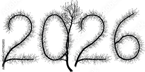 Year 2026 formed from tree branches, symbolizing growth, nature, and passage of time 