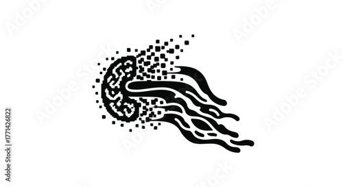 Abstract ink illustration of a jellyfish dissolving into particles, evoking a sense of transformation and movement.