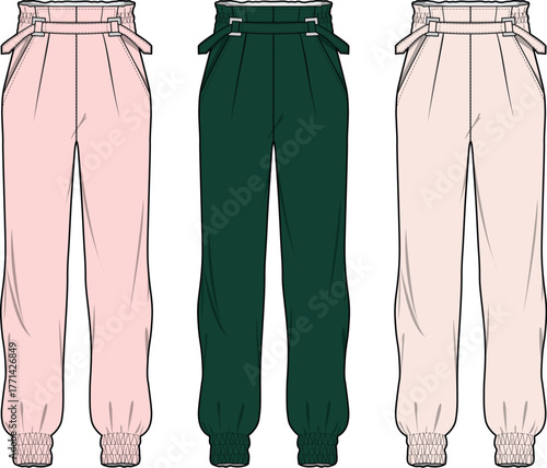 Fashionable high-waisted pants with elasticated cuffs and buckle belt, presented in three distinct colors for women's apparel design