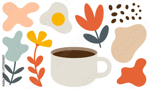 Abstract mid century modern morning scene with coffee cup fried egg and flowers on black background