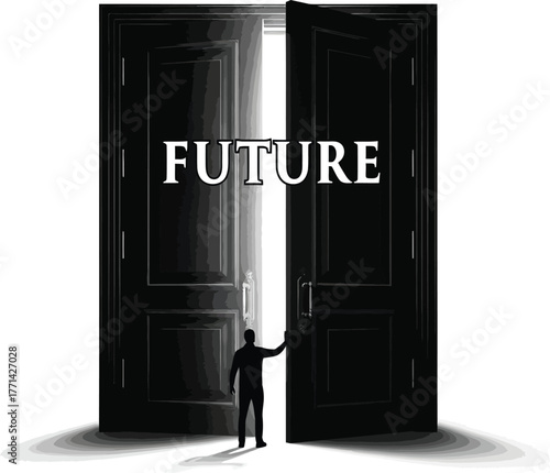 A man opens a door to future,  symbolizing opportunity, hope and possibilities that lie ahead