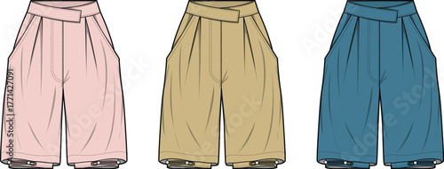 Fashionable women's tailored culottes trousers in three pastel and earth tone colors, perfect for a casual or formal wardrobe