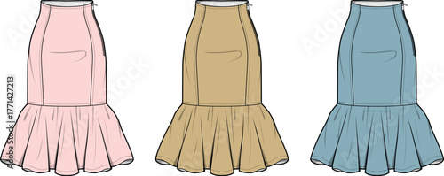Fashion design sketch of a women's ruffled skirt in three different color options