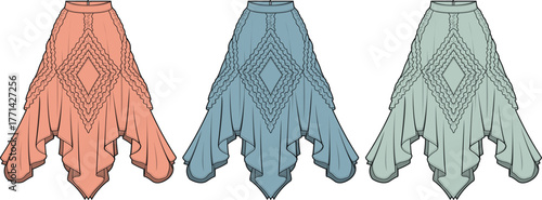 Set of colorful fantasy-inspired skirt designs with intricate geometric patterns for cosplay or bohemian fashion concepts