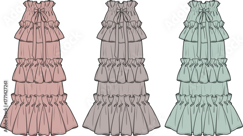 Fashion technical flat sketch of a tiered ruffle maxi dress. Vector illustration set of women's apparel design templates in multiple colors