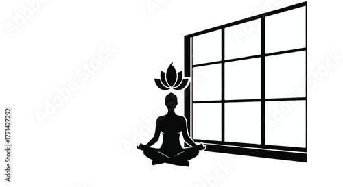 Silhouette of person meditating in lotus pose with glowing lotus flower above head near a large window