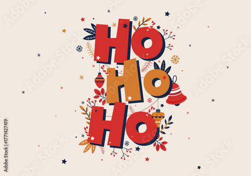 Illustration festive « HO HO HO » de Noël avec décor végétal et éléments rouges et dorés