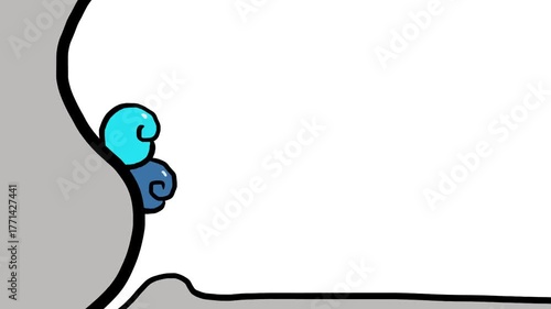 Gray masses at the edges and blue patterns or tufts that look like plants.