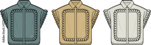 Three technical flat sketches of women's sleeveless collared blouses with peplum waists and pockets, presented in varied colors for fashion design concepts