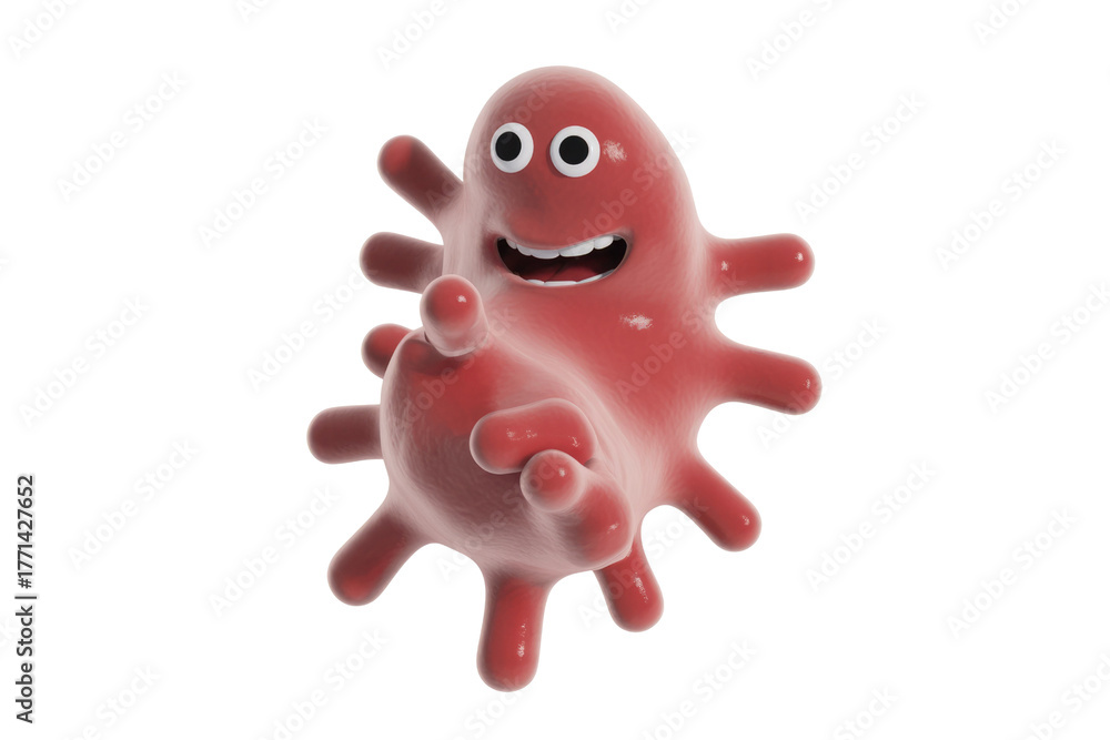 Naklejka premium A friendly, red, blob-like cartoon character with tentacles, big eyes, and a wide smile joyfully points forward, resembling a playful microbe. background removed